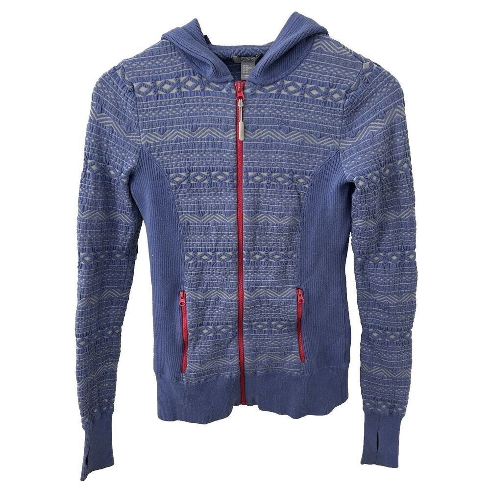 SKYR Full Zip Sweater Jacket Size XS Hooded Knit Print Periwinkle Purple